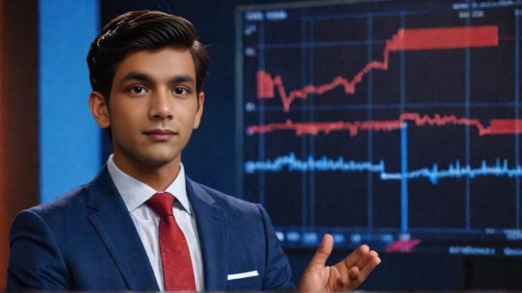 Professional investor explaining AI stock market growth with charts in the background.