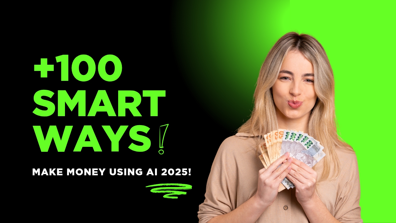 A young woman holding cash, symbolizing AI-powered income opportunities in 2025, with bold green text highlighting "100+ Smart Ways to Make Money with AI.