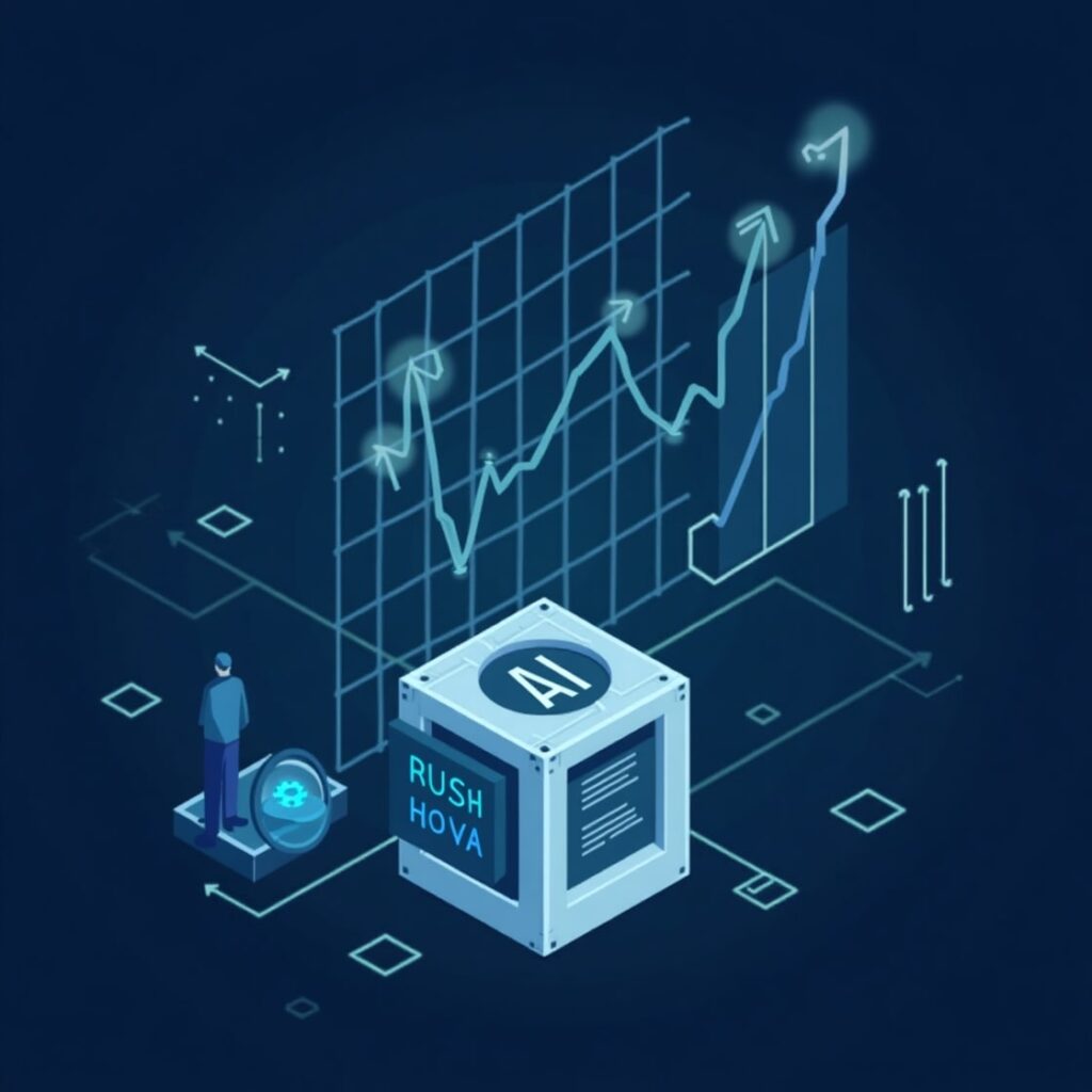 Blue-toned image illustrating AI analytics with a stock market graph, a cube labeled 'Rush Hova,' and a person analyzing data.