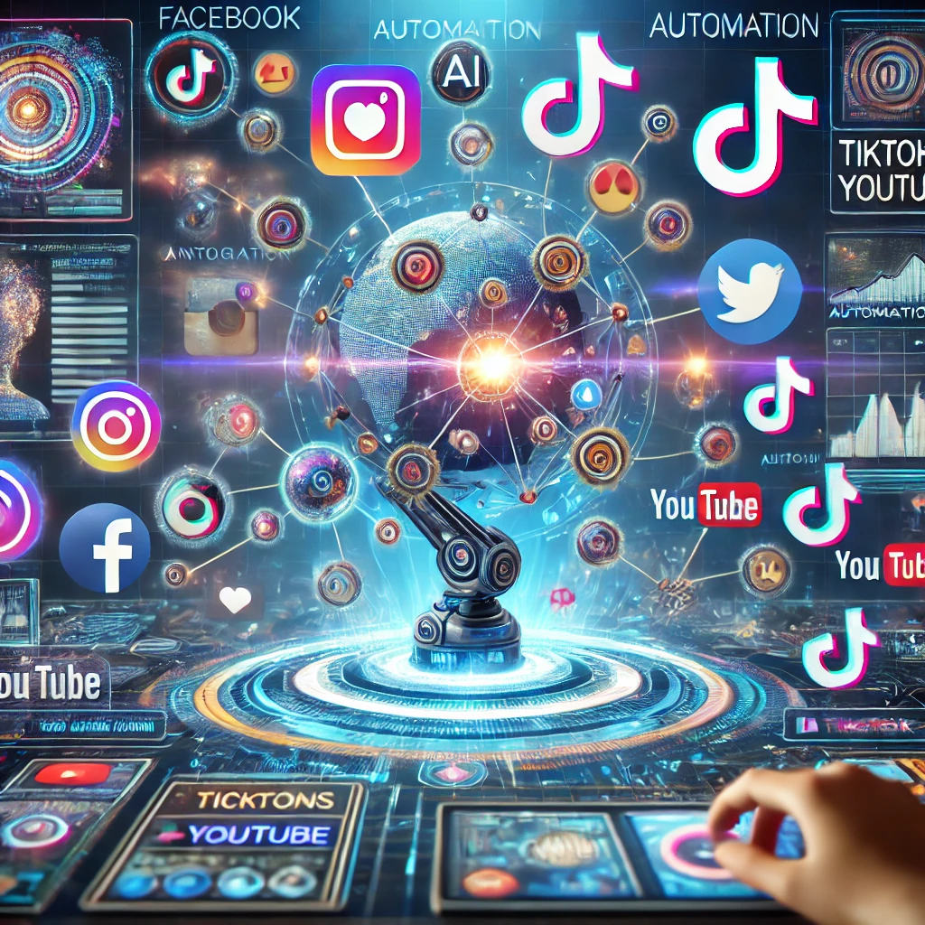 "An AI tool generating social media posts and videos while a content creator tracks engagement and earnings, symbolizing AI-powered content monetization