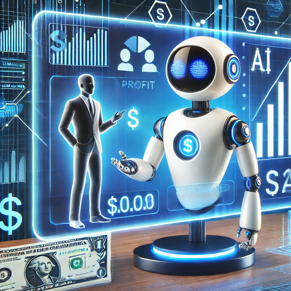 AI chatbot on a digital screen assisting a business owner with customer interactions, surrounded by profit charts and dollar signs, symbolizing chatbot monetization.